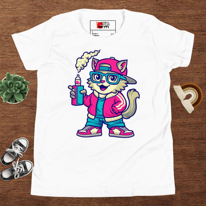 Youth streetwear t-shirt with cartoon cat graphic – Hipyfi urban style tee for kids and teens White