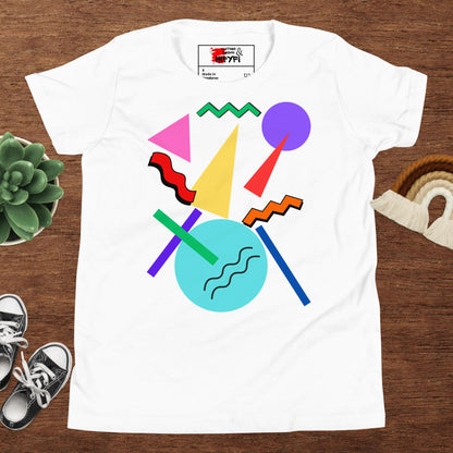 Hipyfi Retro Memphis Youth Tee – Vibrant Geometric Print, 80s-inspired graphic t-shirt for kids, colorful geometric design White