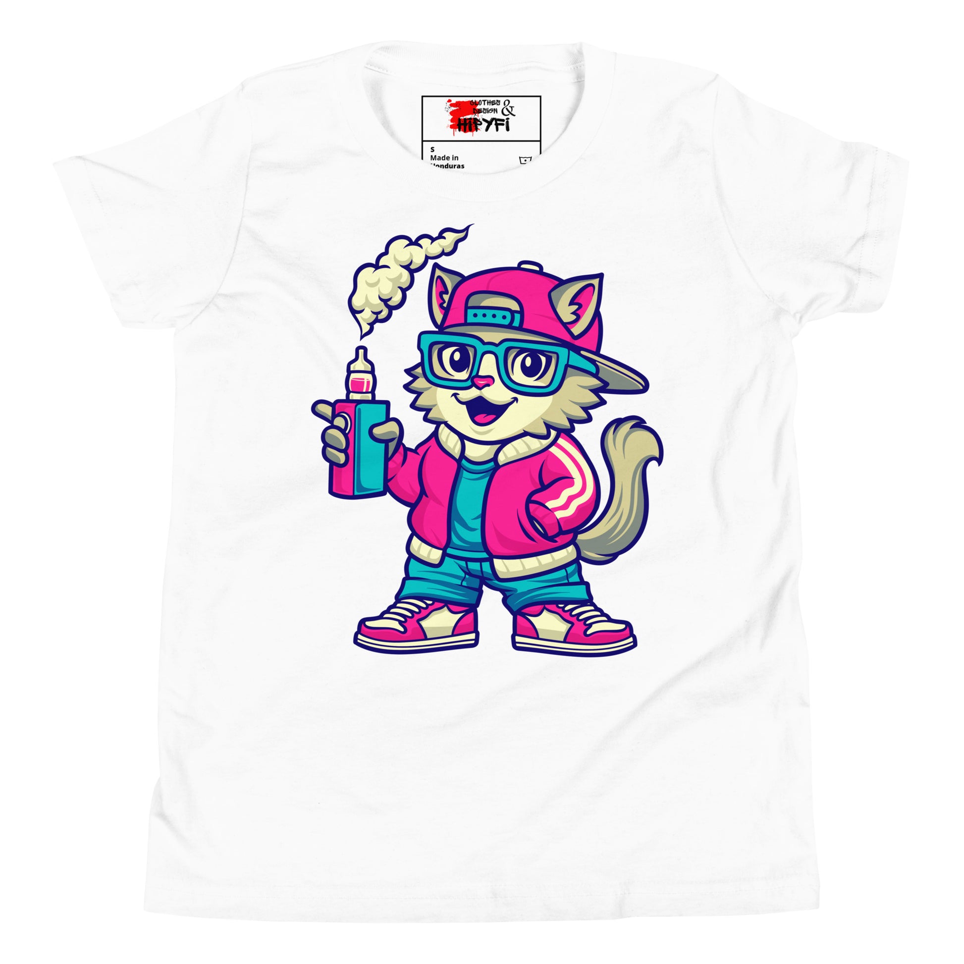 Youth streetwear t-shirt with cartoon cat graphic – Hipyfi urban style tee for kids and teens White-2