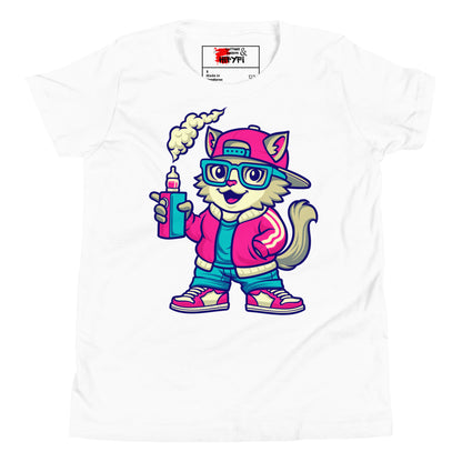 Youth streetwear t-shirt with cartoon cat graphic – Hipyfi urban style tee for kids and teens White-2