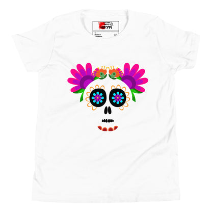 Hipyfi Kids T-Shirt – Vibrant Sugar Skull and Floral Design, Day of the Dead inspired graphic tee for youth White-2